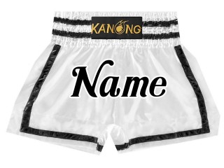 กางเกงมวยไทยปักชื่อ สีขาวดำ : KNSCUST-1173